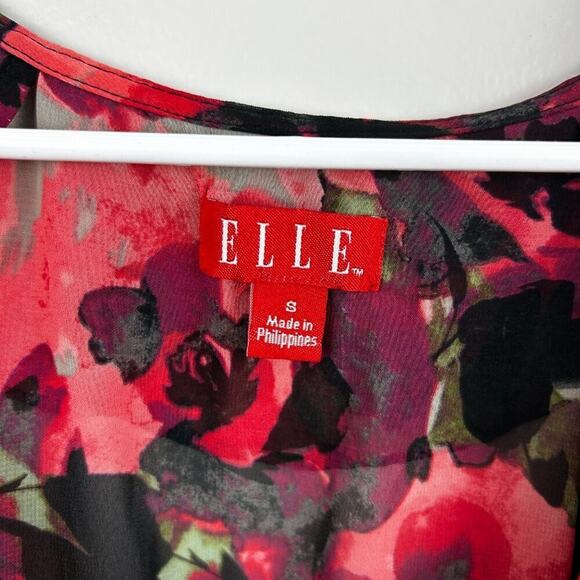 Elle Women’s Small Red Floral Ruffle Sleeveless Midi Dress belted Lightweight - Picture 3 of 6